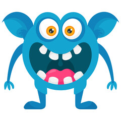 
A horrible faced blue monster with bulging eyes and folded sharp horns, horned monster 
