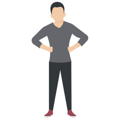 Fototapeta premium Man standing in casual sweatshirt and pajamas with hands akimbo, denoting tired man character 