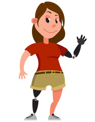 Woman with prosthetic arm and leg. Female character in cartoon style.