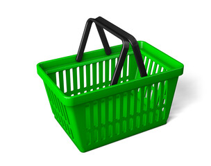 The green shopping basket is turned sideways. isolated on white background. 3d render