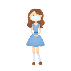 Woman in face mask and blue dress. Cartoon. Vector illustration.