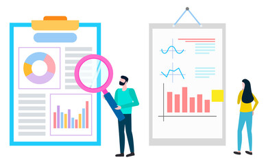 Worker with magnifier investigating statistical analysis and data, vector brokers collaboration, agents analyzing sales of goods. Cartoon people near boards