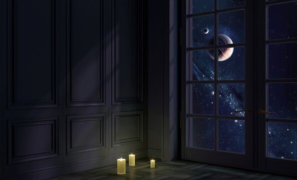 Room with a window at night and space