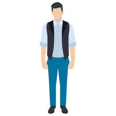 
A guy stylishly dressed up wearing denim upper, shoes and t shirt with chino jeans, looking away and presenting walking gesture 
