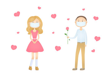 Boy in face mask give girl a flower. Valentines Day 2021. Vector illustration.