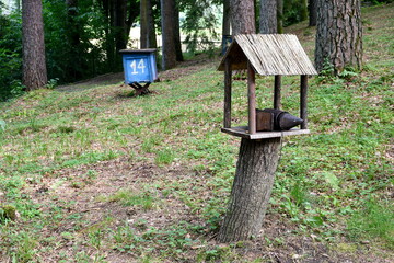 A small bird or insect house made out of sticks, logs, boards, and planks standing on the trunk of an old chopped down tree with a small bee hive or other object in the distance seen in autumn