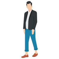 
A guy stylishly dressed up wearing denim upper, shoes and t shirt with chino jeans, looking away and presenting walking gesture 
