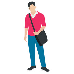 
A guy stylishly dressed up wearing denim upper, shoes and t shirt with chino jeans, looking away and presenting walking gesture 
