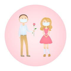 Man in face mask give woman a rose. Vector icon.