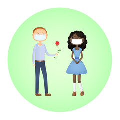 Caucasian man in face mask give African woman a rose. Valentines day 2021. Vector icon.
