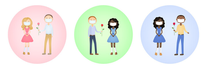 People in face masks on date. Icon set. Vector illustration.