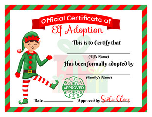 Santa s Elf adoption certificate. Card, Diploma. Flat vector illustration.