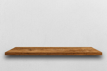 Wooden shelf over white concrete wall background