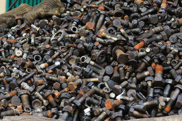 Collection of Old Bolt, Screws, Nuts Engineering Metal Tools.