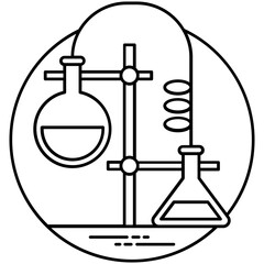 
A laboratory flask in flask clamp stand along with a hand pouring chemical into flask, lab experiment icon
