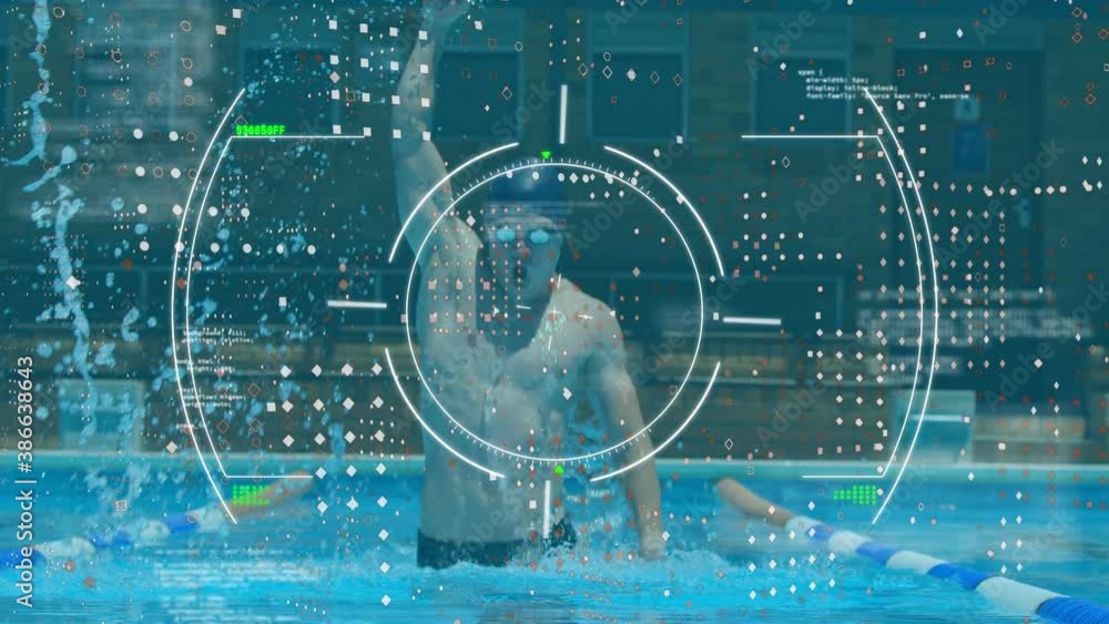 Poster digital interface with data processing against male swimmer swimming in the pool