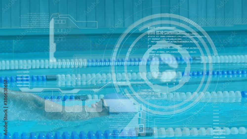 Poster digital interface with data processing against male swimmer swimming in the pool