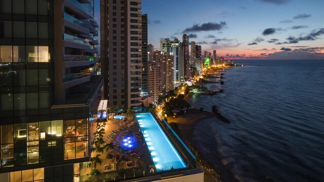 Cartagena, Colombia, time lapse view of beaches and high rise buildings in the Bocagrande neighbourhood at sunset. 