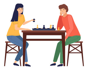 Mother and daughter playing board game together vector isolated on white illustration. Female characters friends playing chess sitting on chairs at table. Indoor entertainment for adults and children