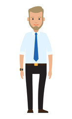 Obraz premium Smiling man bearded businessman dressed in a shirt with tie standing at full height isolated on white background. Businessperson blond male character in formal clothes office worker or employee