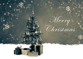 Christmas card with a Christmas tree and gifts
