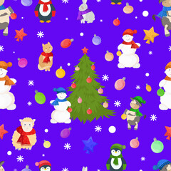 Seamless pattern with christmas trees, balls and characters on purple background. New Year ornament with bulls, snowmen, cats, lambs, rabbits and penguins.