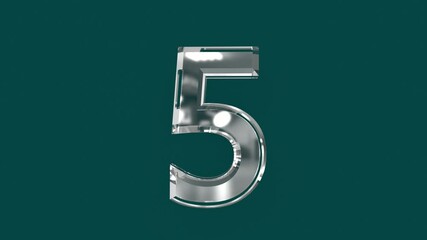 White shining glassy font or alphabet with moving reflection for words composing in your videos - number 5 isolated on green background, 60FPS 4K UHD 3D animation