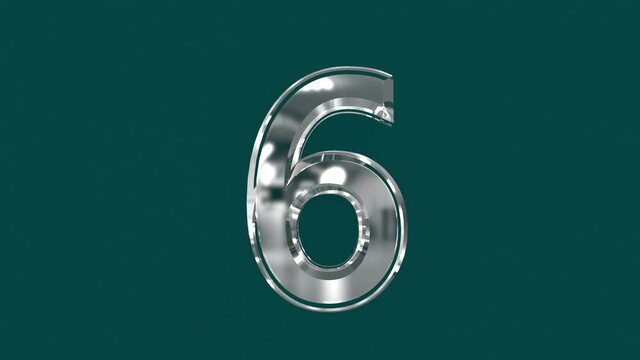 White shining glassy font or alphabet with moving reflection for words composing in your videos - number 6 isolated on green background, 60FPS 4K UHD 3D animation