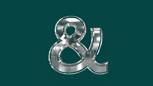 White shining glassy font or alphabet with moving reflection for words composing in your videos - ampersand isolated on green background, 60FPS 4K UHD 3D animation