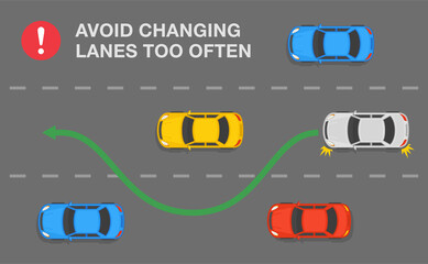 White car is changing position on three lane road. Avoid changing lanes too often rule. Flat vector illustration template.