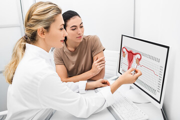 gynecologist communicates with her patient, indicating the menstrual cycle on the monitor. The...