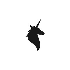 Black silhouette of unicorn head. vector flat icon isolated on white background.