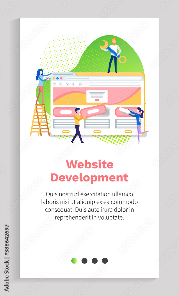 Poster website development, man and woman developers, screen of monitor, coding technology, homepage icon o