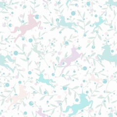 seamless fantasy pattern with silhouette of unicorns, dots and leaves.