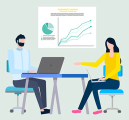 Brokers man and woman on workplace discussing statistical data and sales growth. Man using laptop, financial teamwork, marketing vector people stockbrokers