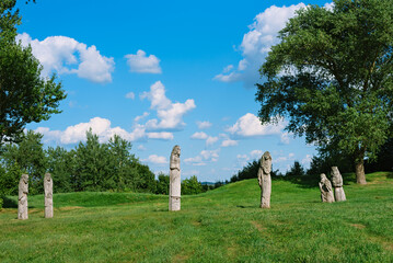 Wooden figures on the Castle Hill in Braslav, Vitebsk region. Belarus.