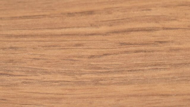 Closeup shot of the wood grain pattern of wood table. Camera panning over it.