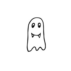 Doodle Halloween smiling ghost. Outline character with fangs isolated on white background. Hand drawn cute scary evil spirits. Vector apparition sign for spooky autumn holidays, print, trick or treat