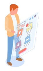 Mobile shopping, distance purchases flat vector concept. Man selecting a purchase in a mobile phone application. Shopping in the online store, the remote male buyer selects the product on the site