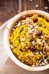 Millet and Nuts Homemade Porridge. Served in Edible Plant Based Eco Plates