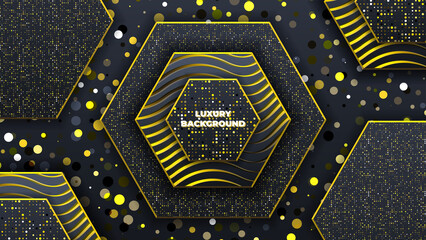 The luxury background of 3d hexagon array adorned with sparkling gold particles