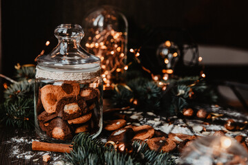 Christmas cookies in the jar with Christmas lights