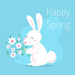 Happy Easter background with easter bunnies and spring decorative elements. Cute cartoon design template