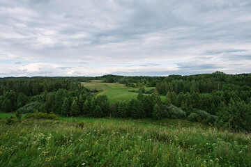 A panoramic view from the Braslav Lakes National Park in the afternoon with heavy clouds. Belarus