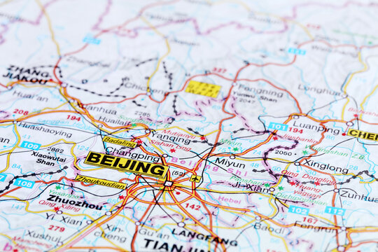 Beijing road map area. Closeup macro view