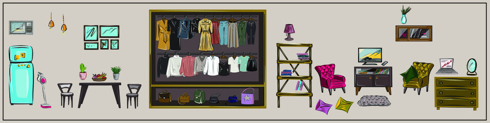 Vector set of isolated images of furniture and household items. All items can be used separately. Refrigerator, lamps, chandeliers, floor lamp, chests of drawers, cabinet, shelf. Interior, furniture. 