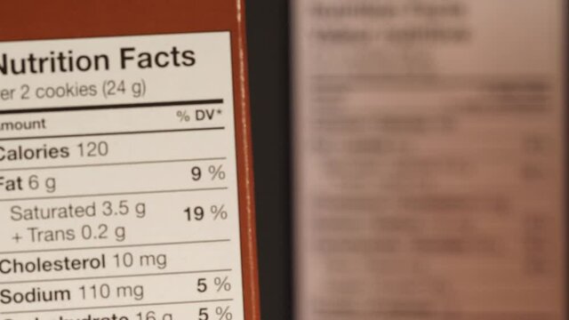 Panning shot of various nutrition fact information lists on the side of boxes.