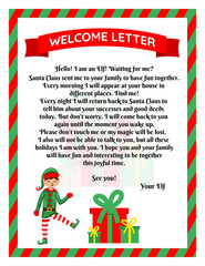 Christmas elf welcome letter with christmas gift. Flat vector illustration.