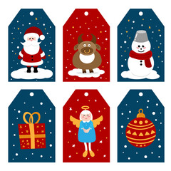 A set of Christmas, New Year tags for decorating gifts. Collection of hand drawn christmas badge.