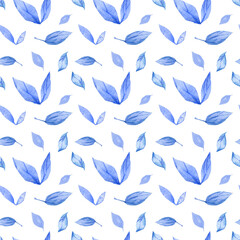 Obraz na płótnie Canvas Watercolor winter seamless pattern with blue leaves and branches. Dusty botanical illustration. Christmas pattern design for wallpaper decor, scrapbook paper, textile fabric